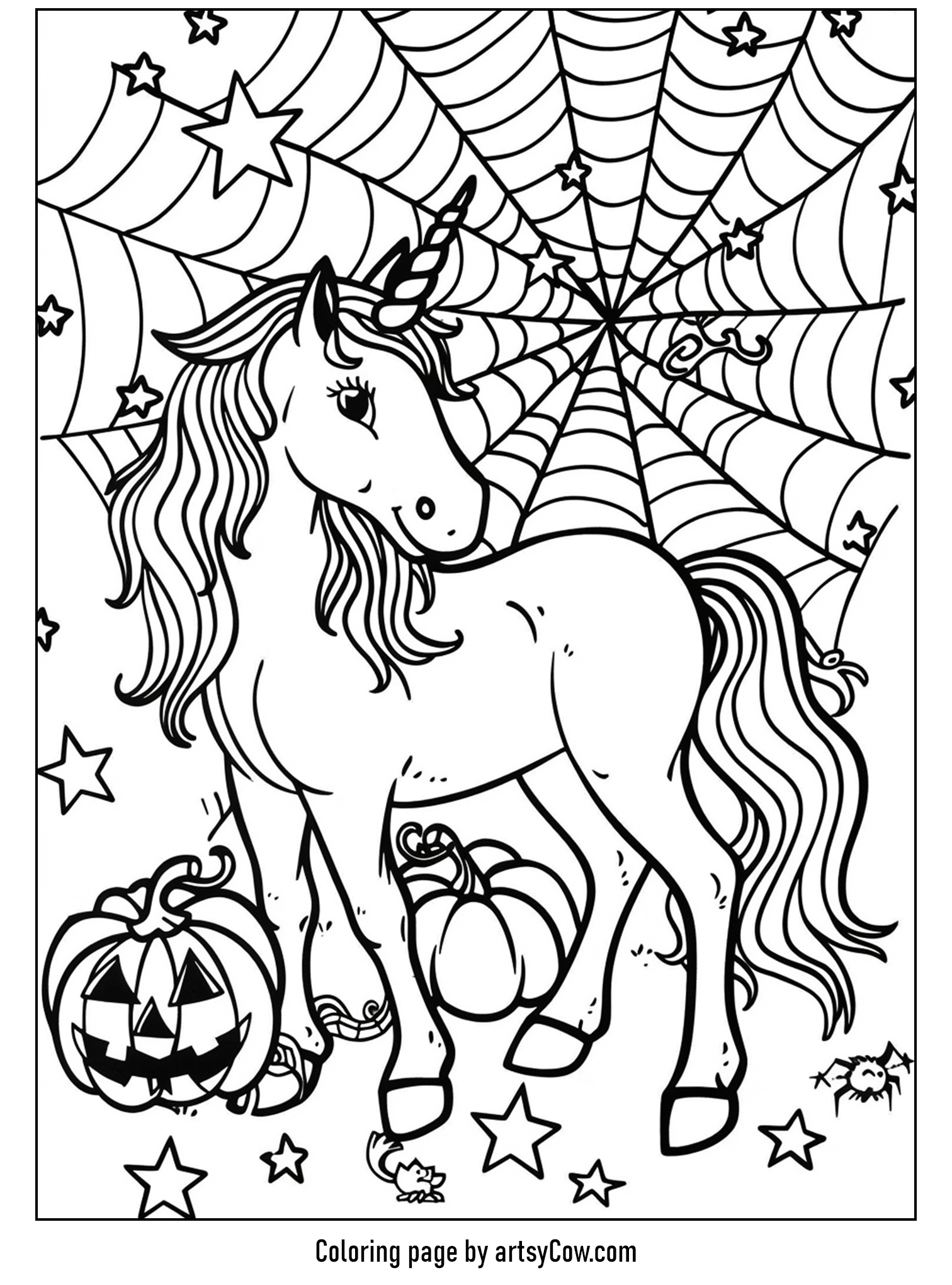 halloween coloring pages with unicorn featuring a unicorn with a flowing mane and a twisted unicorn horn standing confidently amidst a large, intricately spun spider's web surrounded by stars, small pumpkins, and friendly Halloween motifs